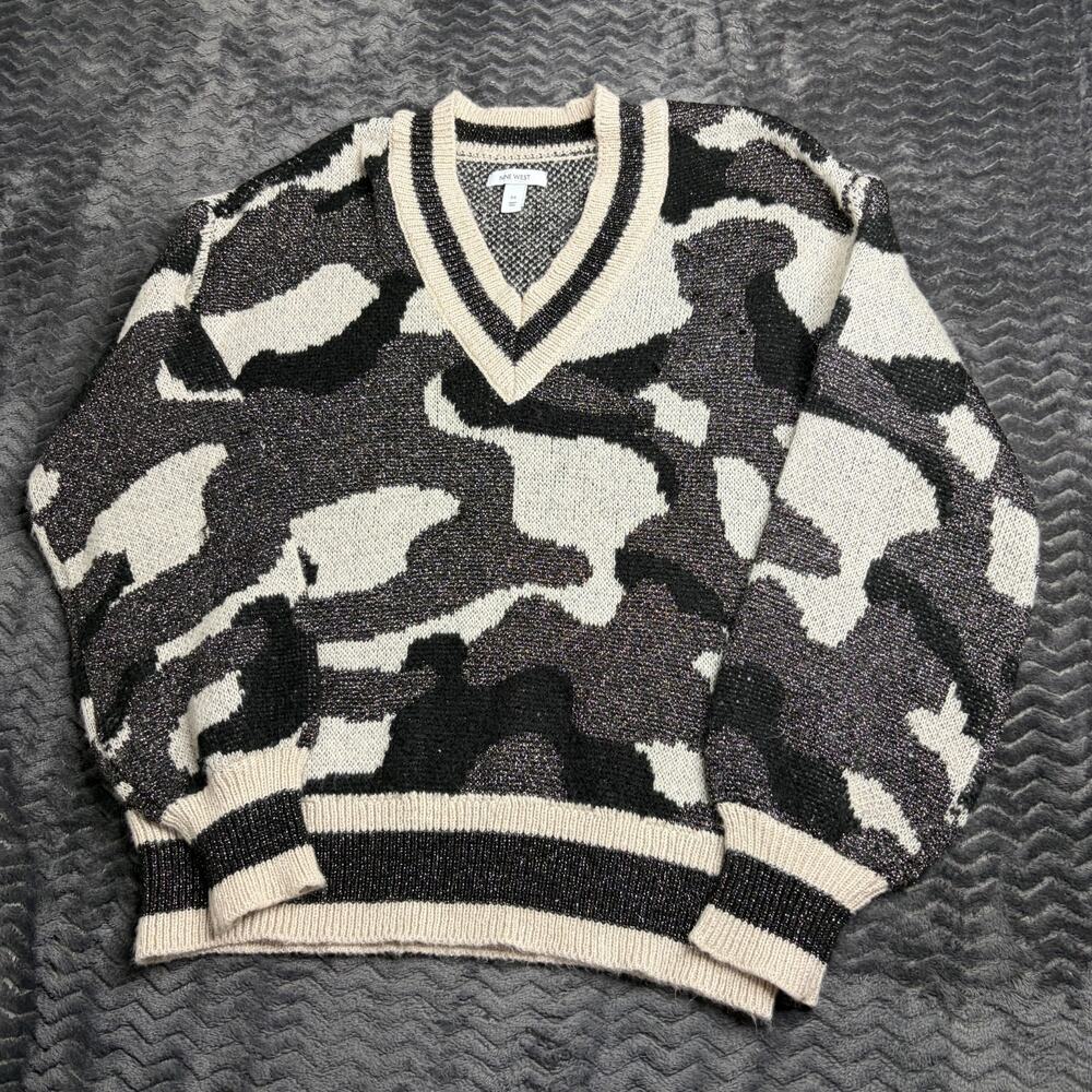 Nine West Camo Fine Knit Metallic V-Neck Sweater Womens size Medium